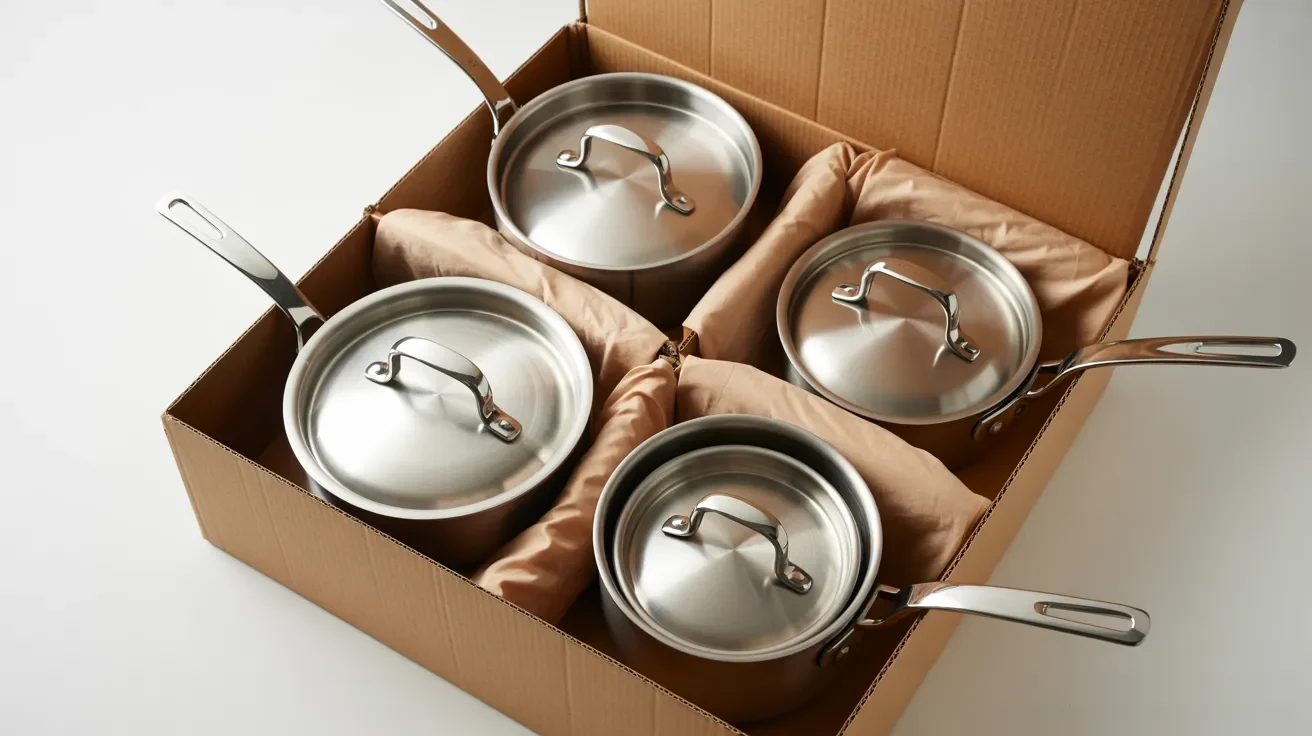 Nested pots and pans inside boxes with protective padding showing space saving packing techniques to prevent scratches and damage during the moving process.