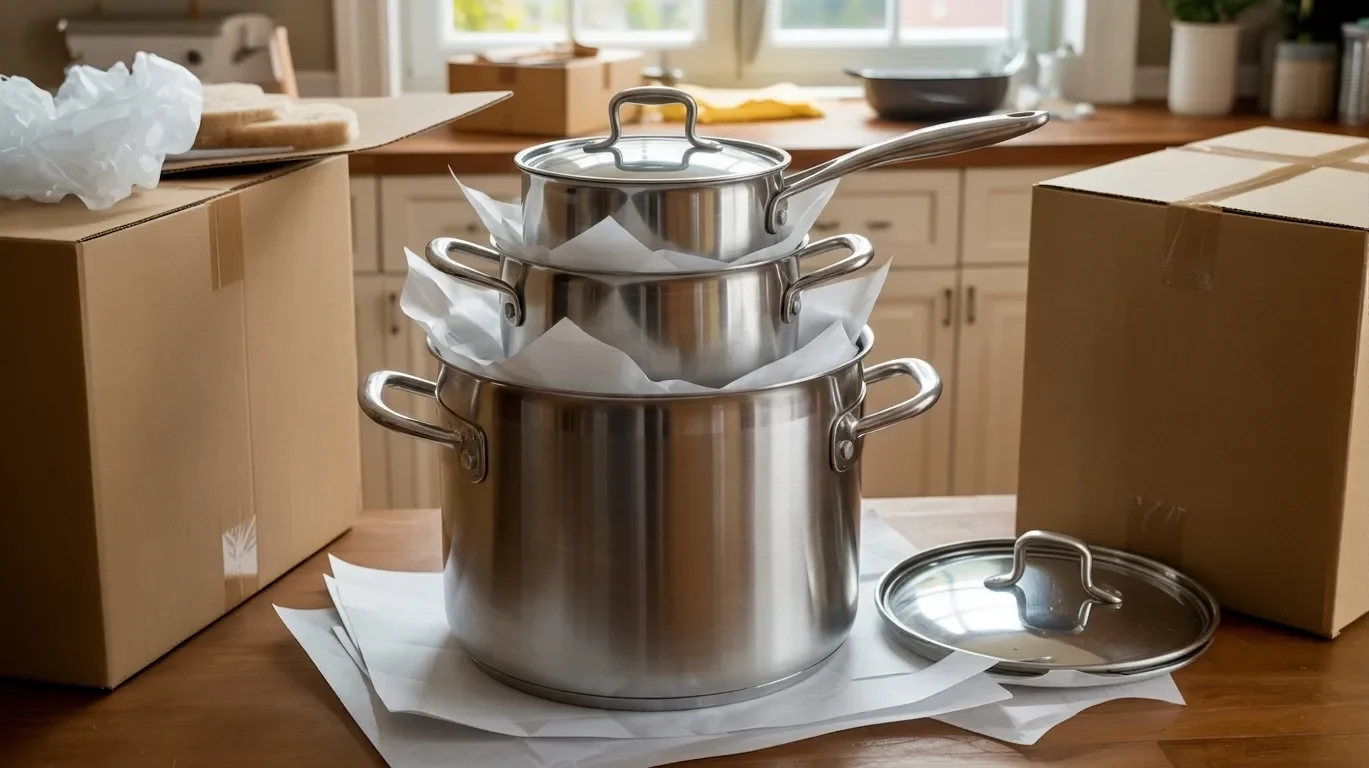 nested pots and pans stacked with protective layers inside each other saving space during organized kitchen packing.