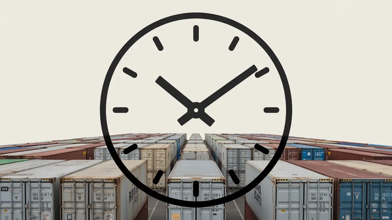 Shipping containers with symbolic clock and arrows representing ARO payment timelines like 7, 15, or 30 day structured payment periods.