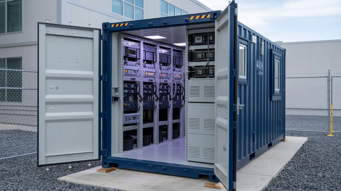 Shipping container equipment housing unit with protected machinery and technical systems inside.