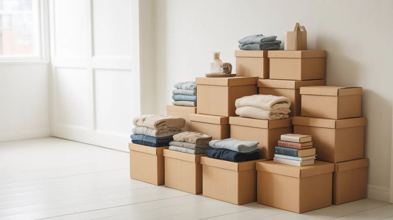 Decluttered space with sorted boxes and fewer belongings showing early packing and removal of unnecessary items before moving to another state.