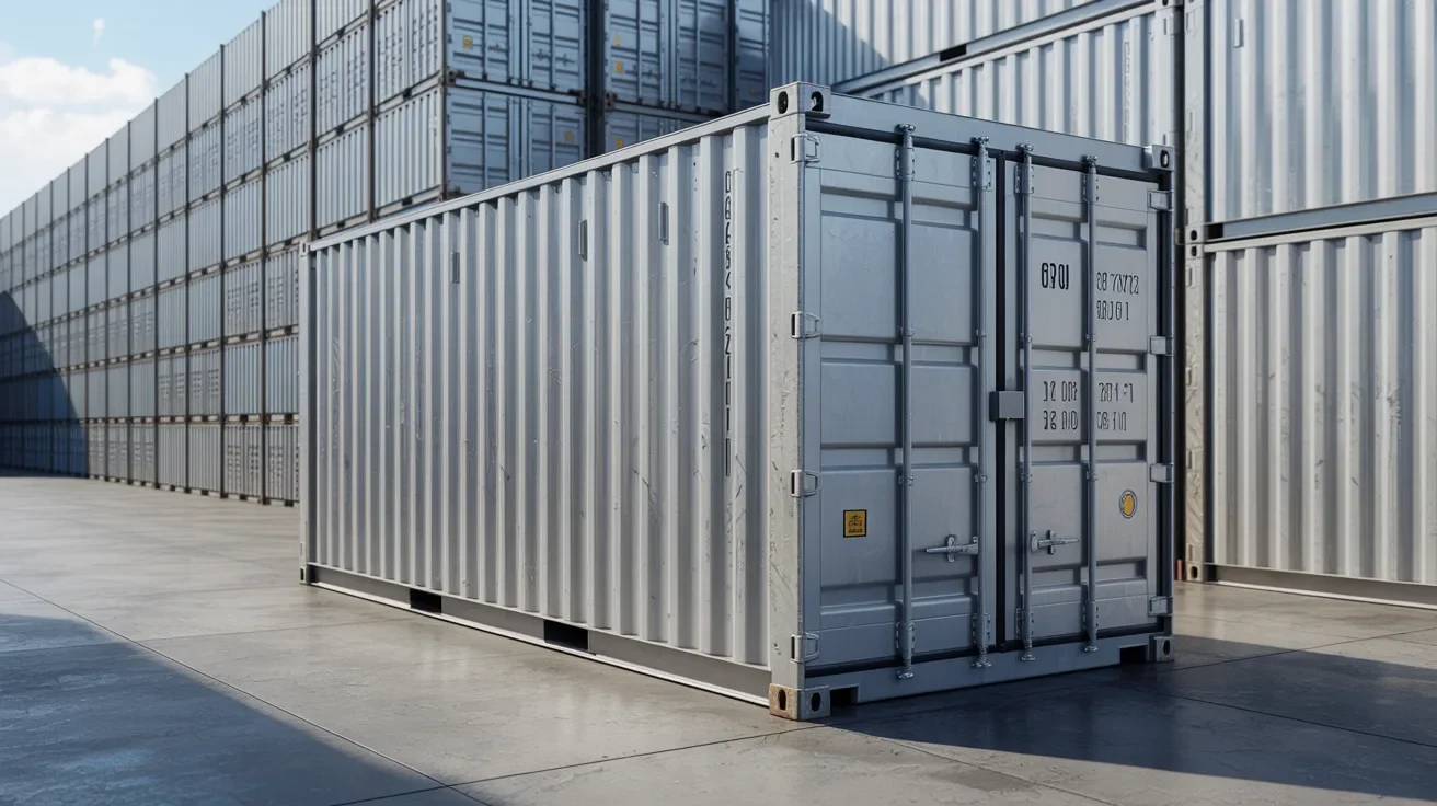standard dry storage container with steel walls and sealed double doors designed for weather resistant general storage use.