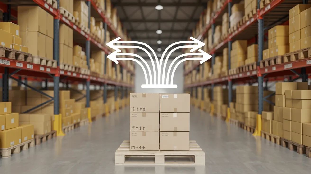 Shipping boxes arranged in a warehouse with directional arrows indicating order placement stage before confirmation in logistics workflow process.