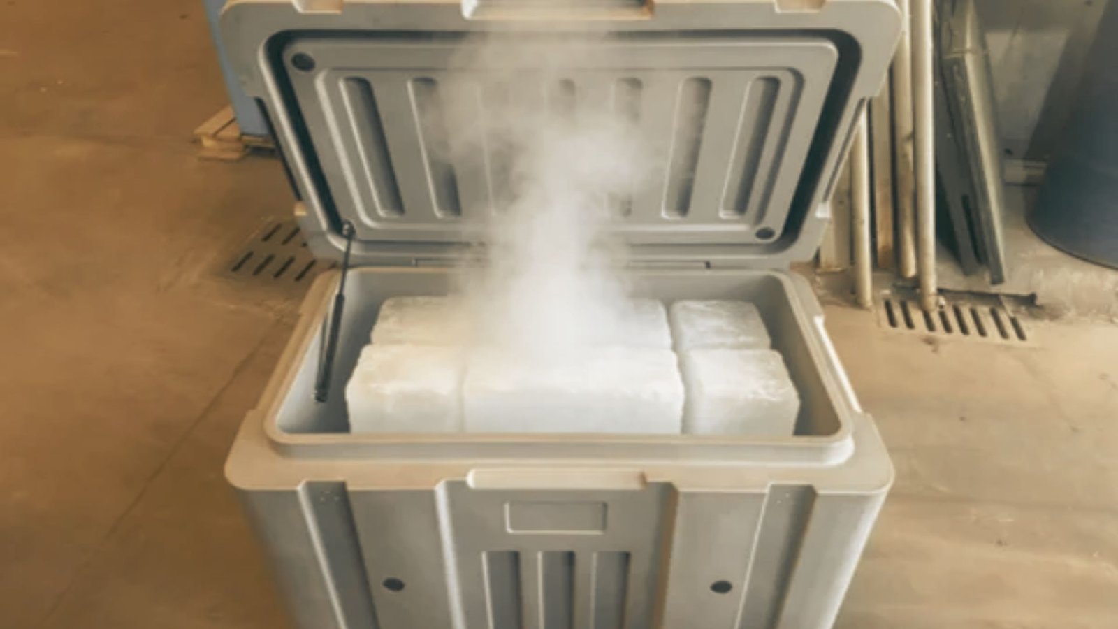 Large dry ice blocks sublimating inside a heavy-duty shipping cooler with visible vapor.