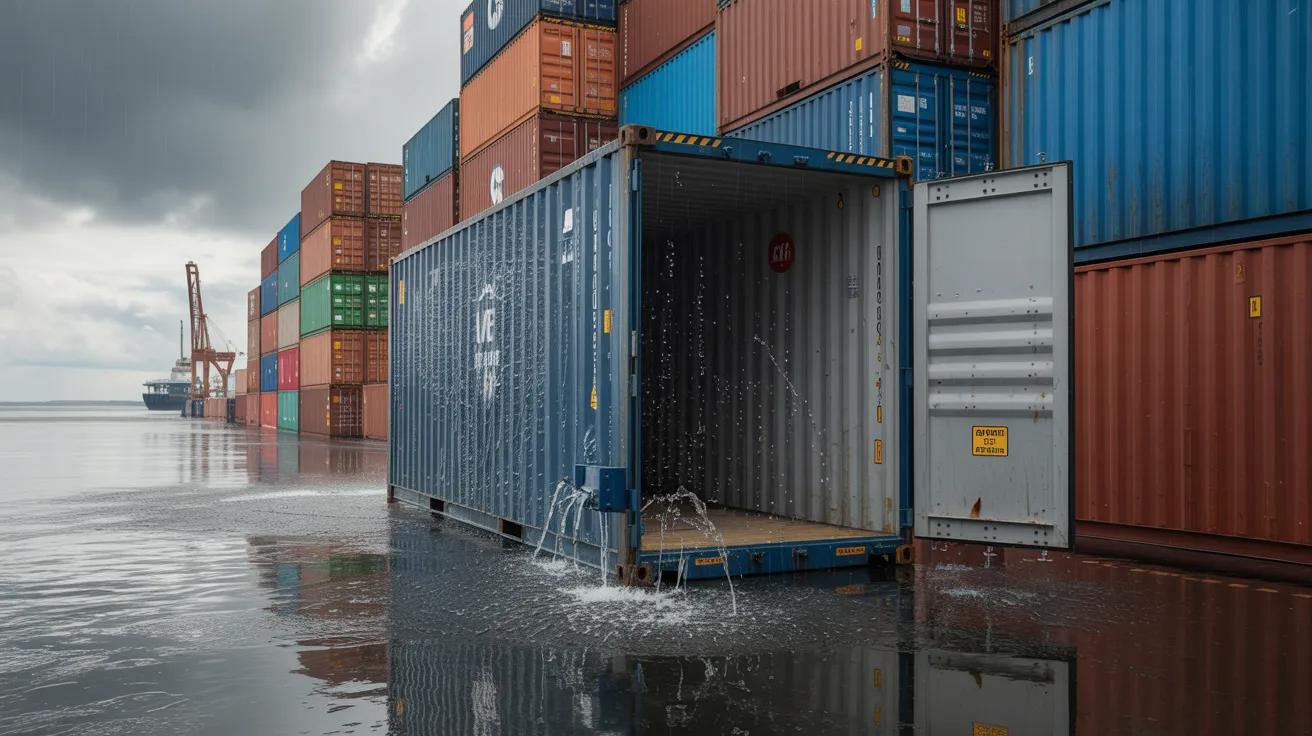 Shipping container in heavy rain showing water resistance and real-world watertight protection of cargo.