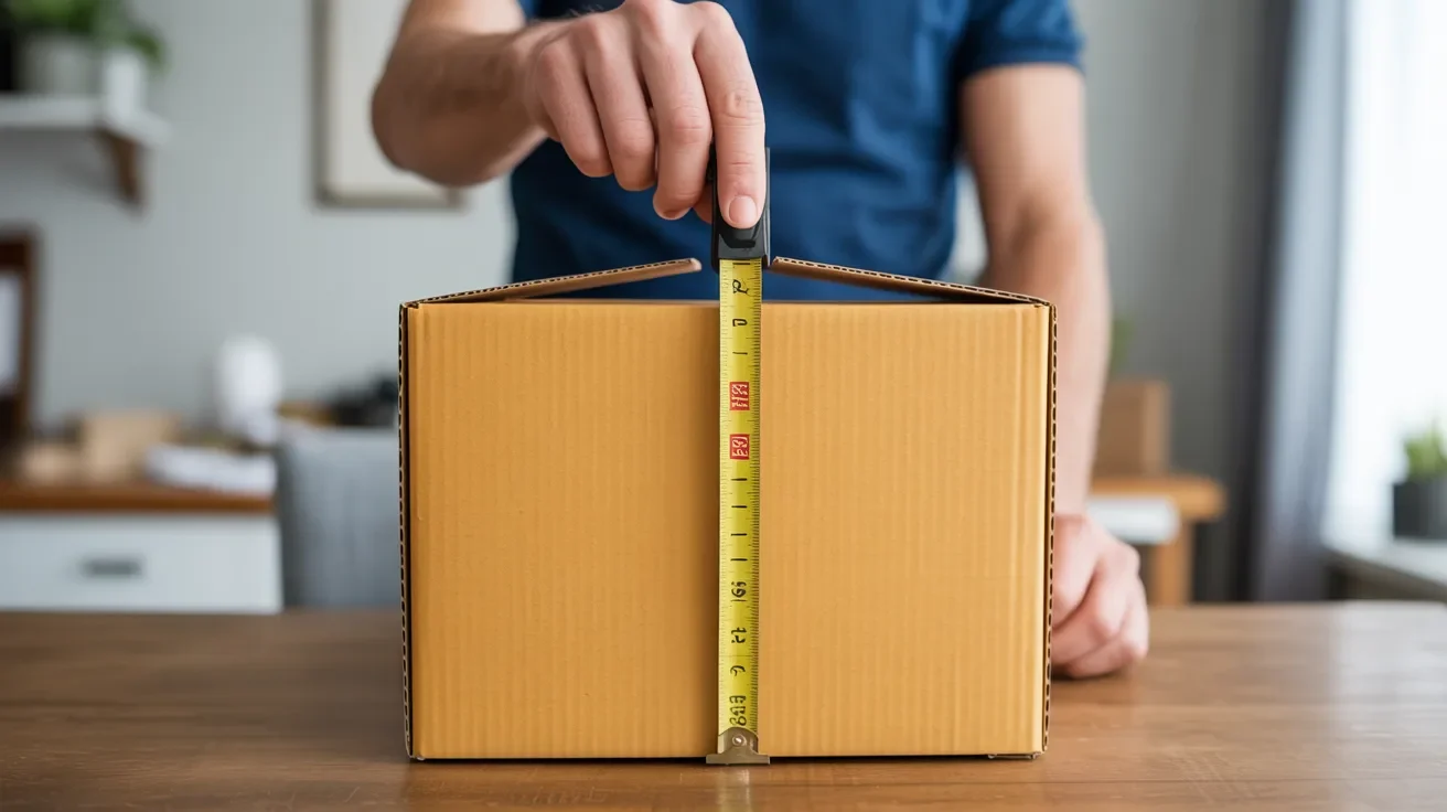 Person measuring the vertical height of a cardboard box from bottom to top using a tape measure.