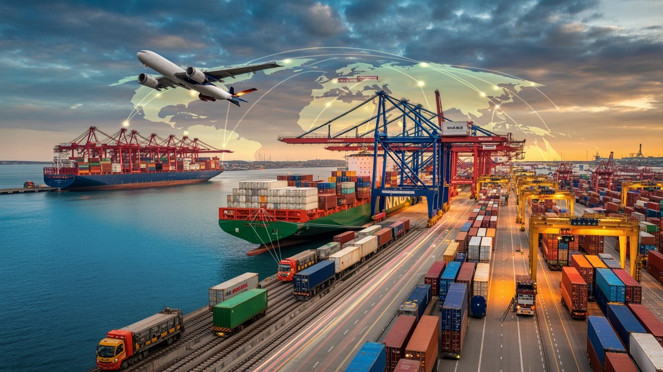 Global shipping network with containers, ships, planes and trucks showing cost factors and routes