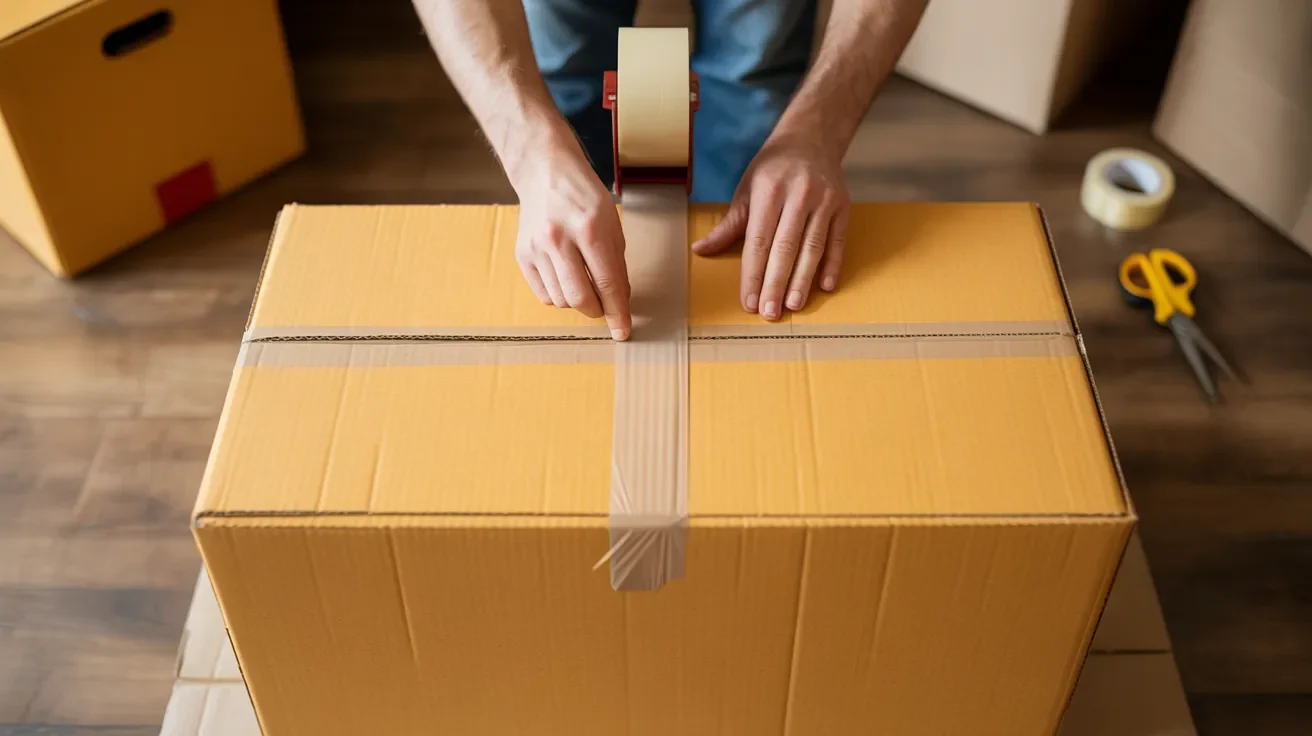 Person applying packing tape along the center seam of the same moving box in a consistent DIY setup.