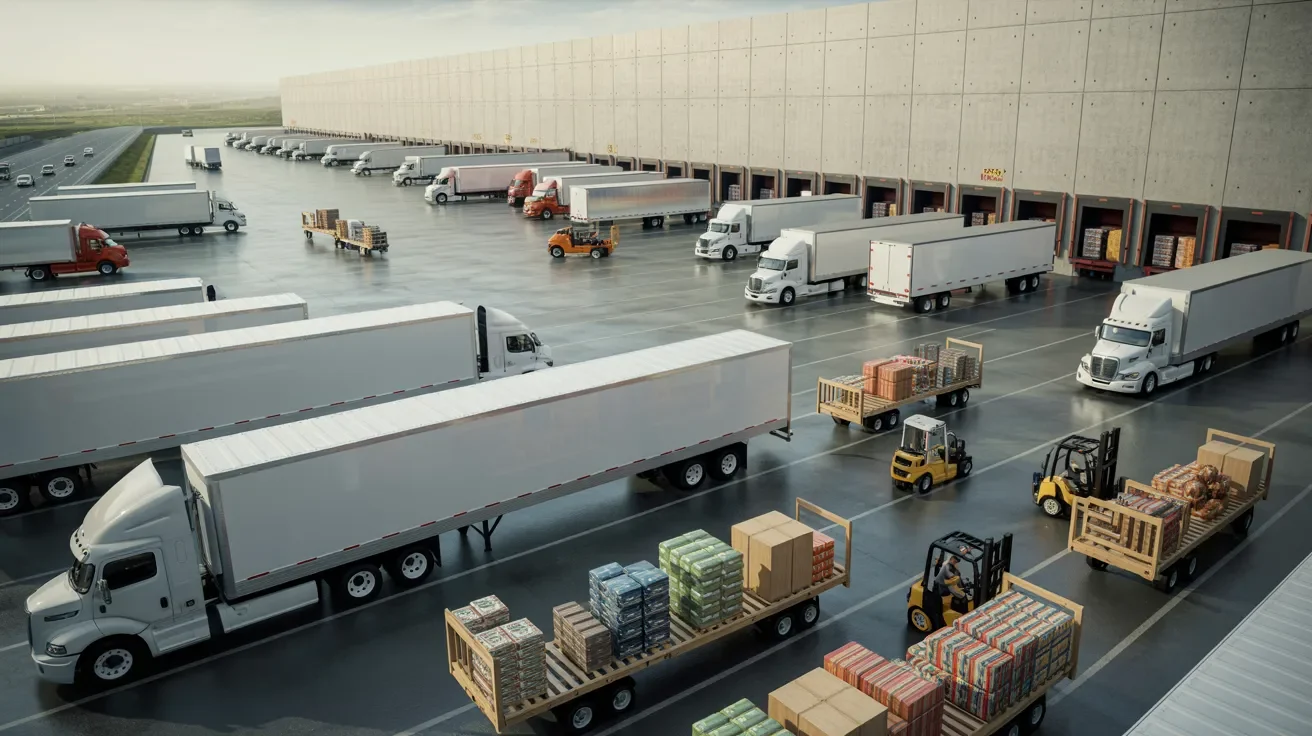 Freight trucks loading everyday goods at warehouse and distributing across supply chain showing the general freight trucking backbone of logistics.