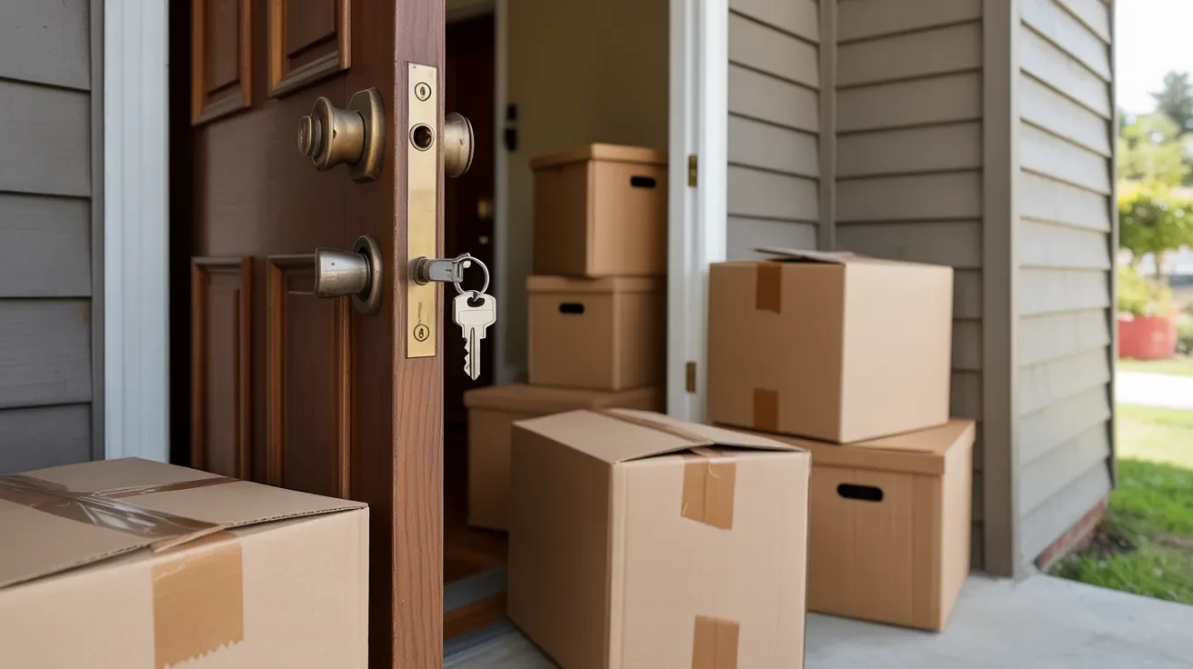 House entrance with key and packed boxes symbolizing secured housing and readiness before moving to another state without showing any people.