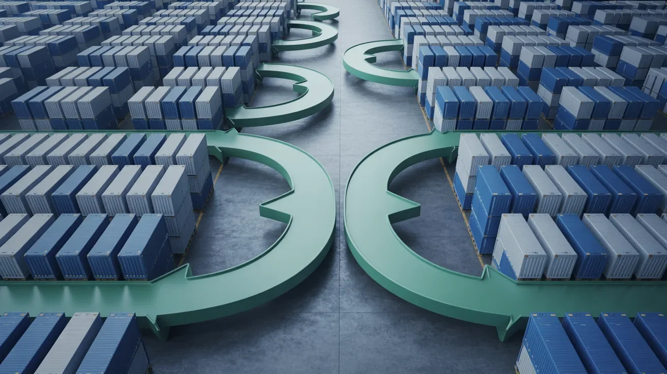 Organized shipping containers with consistent flow arrows representing stable business relationships and ideal conditions where ARO payment terms are best applied.