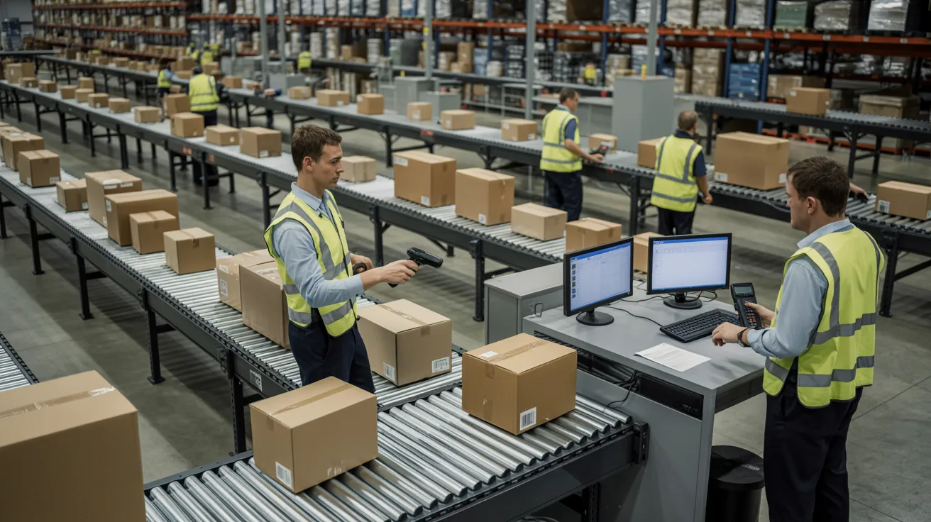 Workers scanning packages and updating inventory systems to track shipments inside a logistics warehouse.