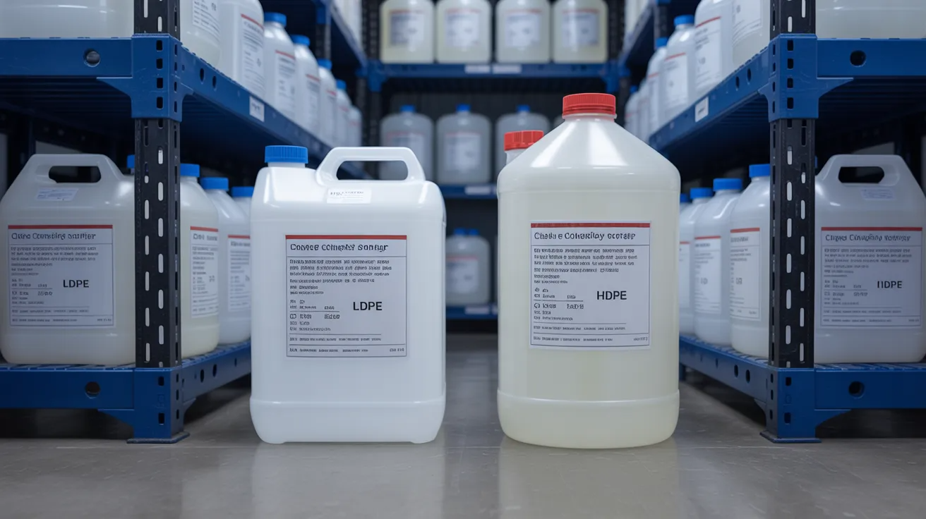 Plastic chemical storage containers made of HDPE and LDPE for safe liquid transport.
