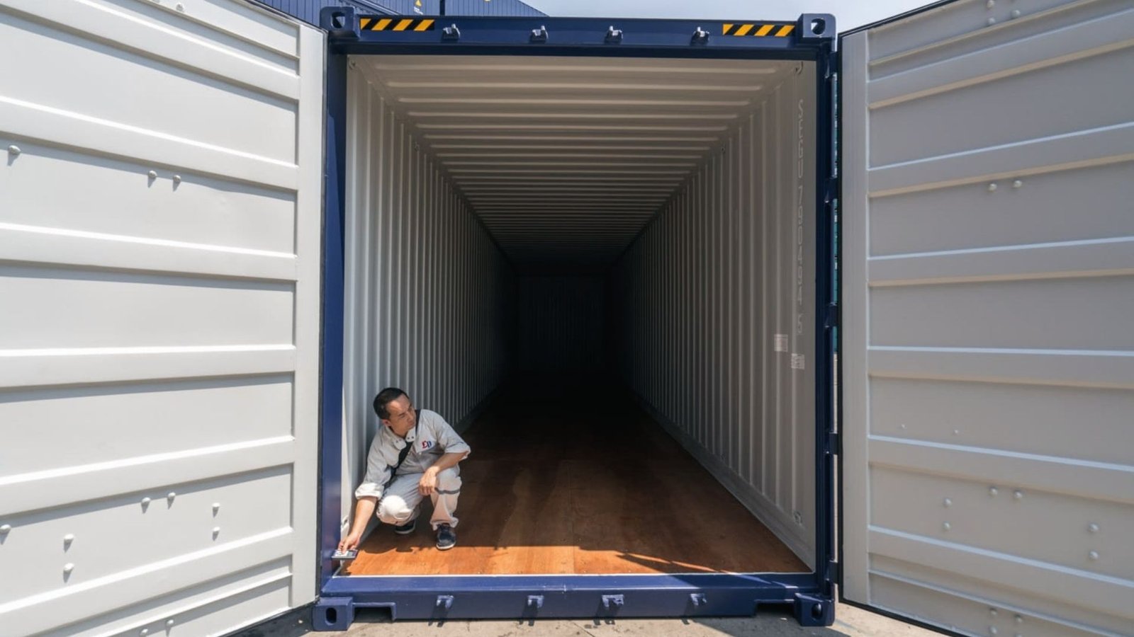 Inspector crouching inside an empty 40ft high cube shipping container with both doors wide open.