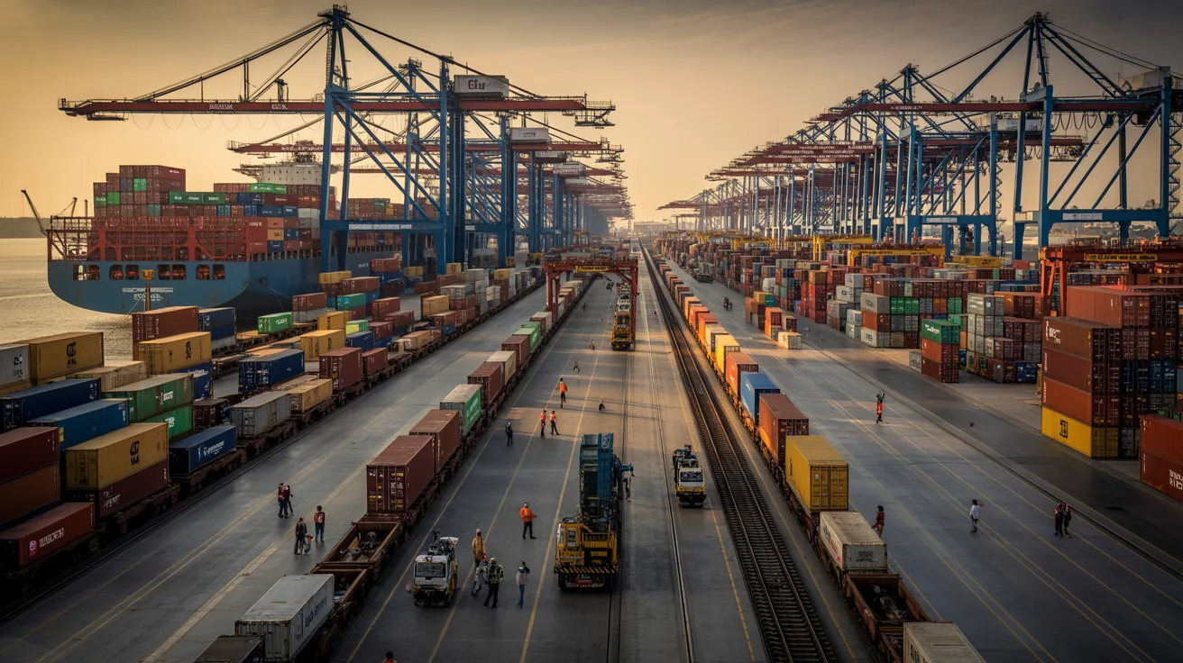 Freight handlers and cranes moving shipping containers between ships, trains, and trucks at a port and rail yard.