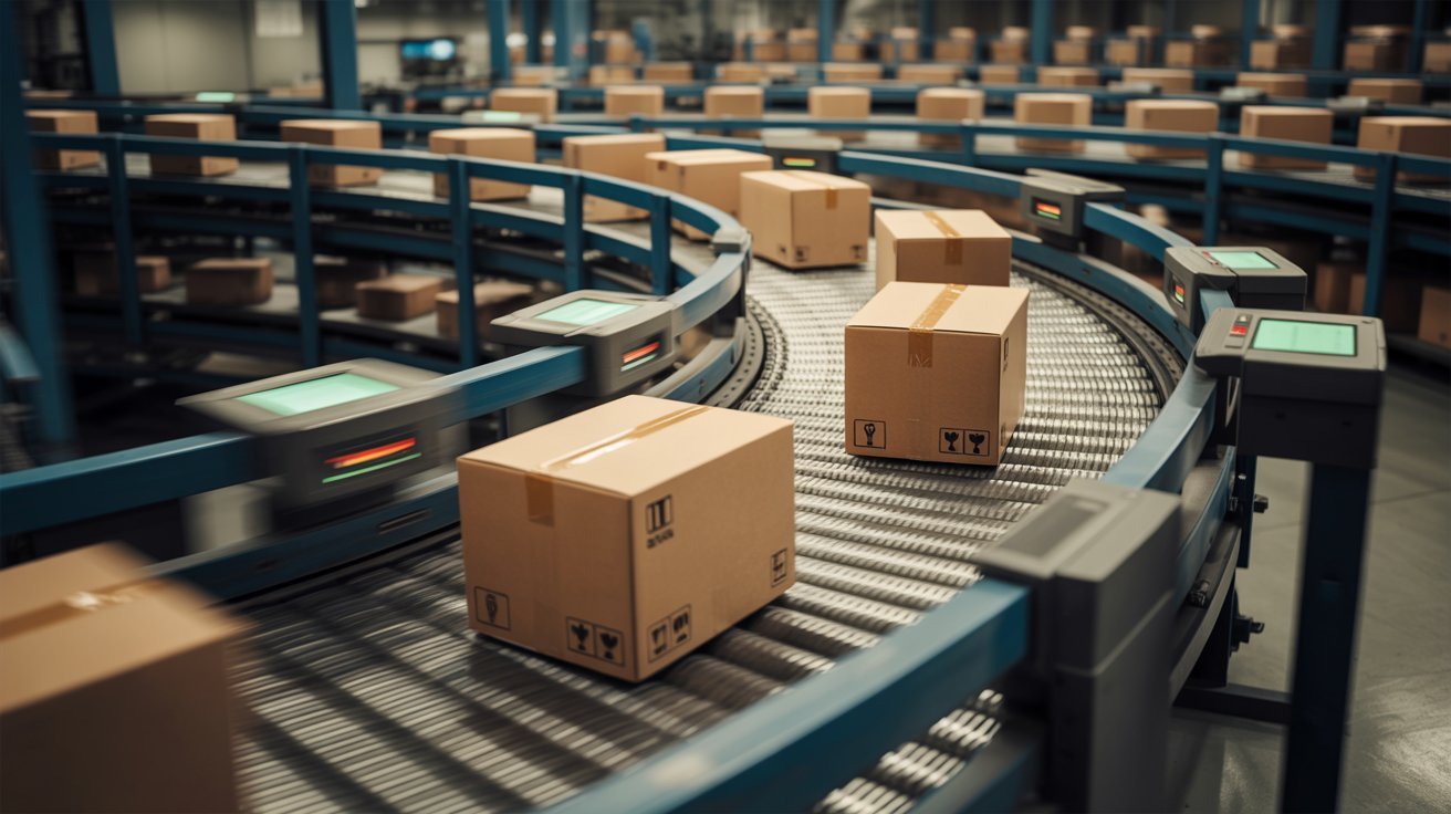 "Packages moving through automated sorting system in warehouse representing shipment in transit process"