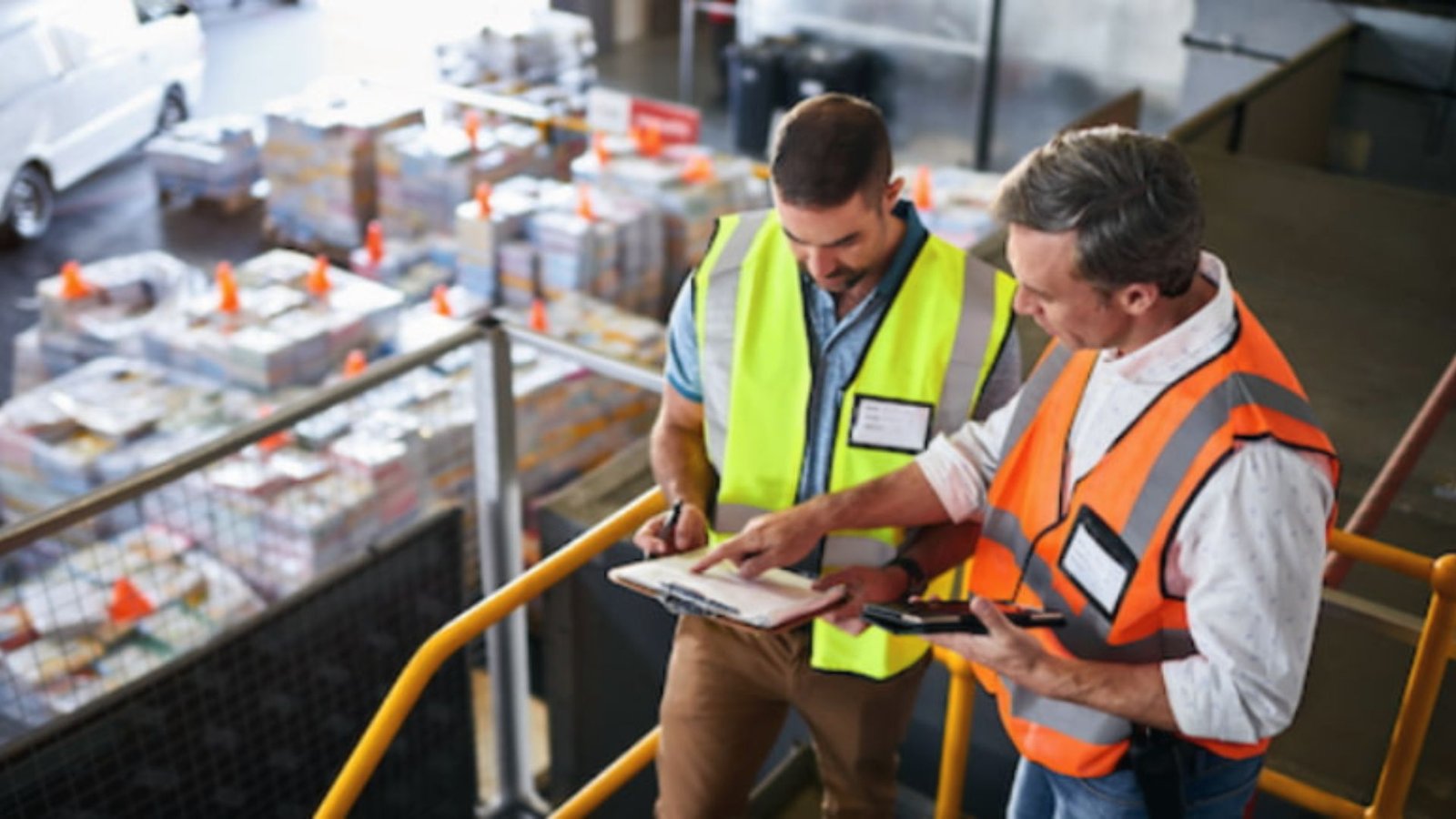 Two logistics supervisors review import paperwork on a clipboard in a warehouse, ensuring IOR compliance before goods release.