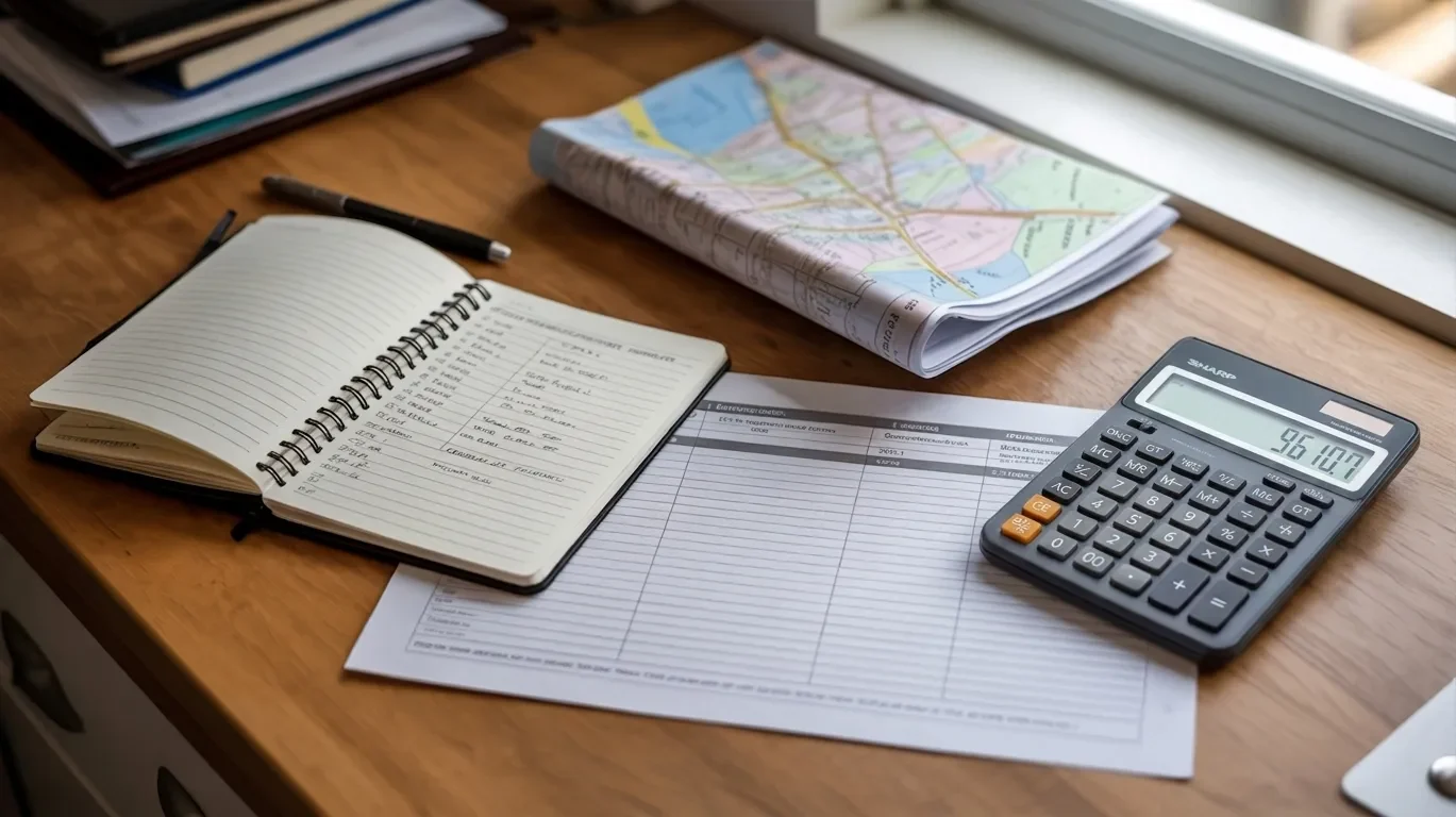 Moving planning setup with map, calculator, and notes showing cost of living and research preparation for interstate relocation decisions.