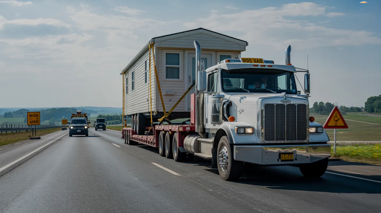 mobile home being transported on trailer truck along highway showing safe and cost effective relocation process setup.