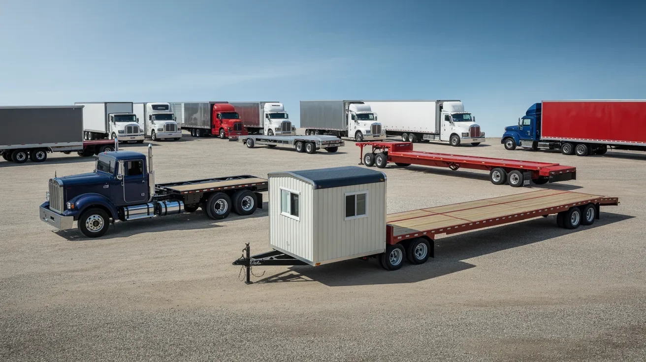 multiple mobile home transport trucks and trailers arranged for comparison showing planning and quote evaluation before moving process.