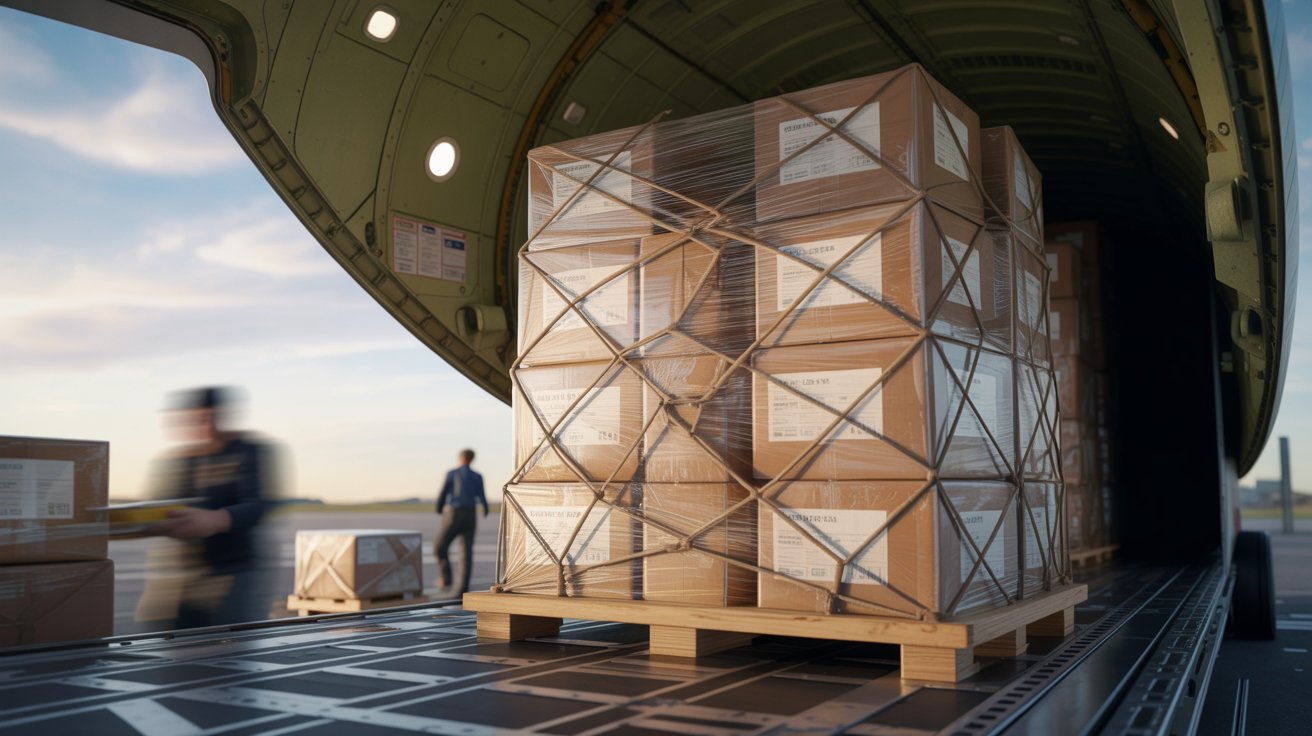 "Cardboard packages loaded inside airplane cargo hold representing international shipping transit time"