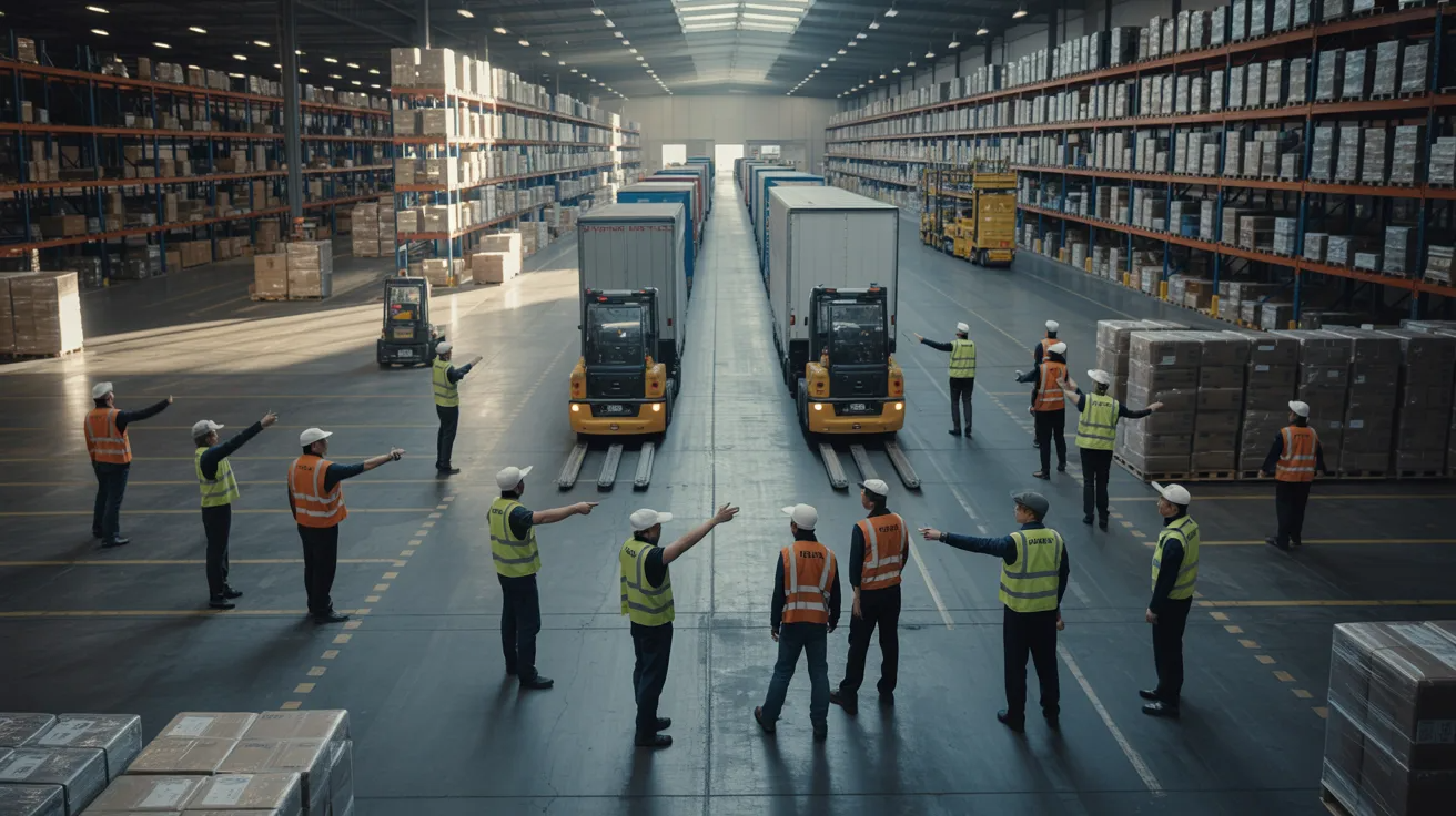 Warehouse team coordinating freight movement using signals and communication while managing loading and unloading operations.