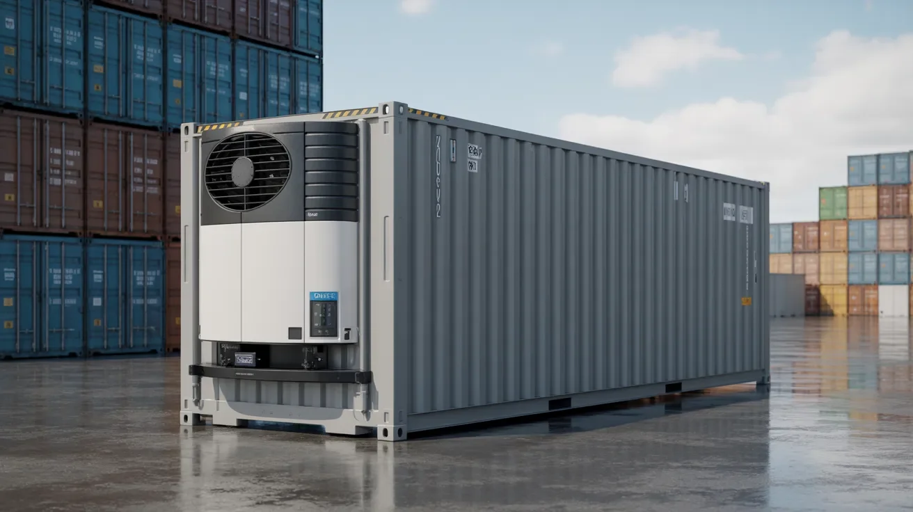 refrigerated container with integrated front cooling system designed for temperature controlled transport of food and medical products.