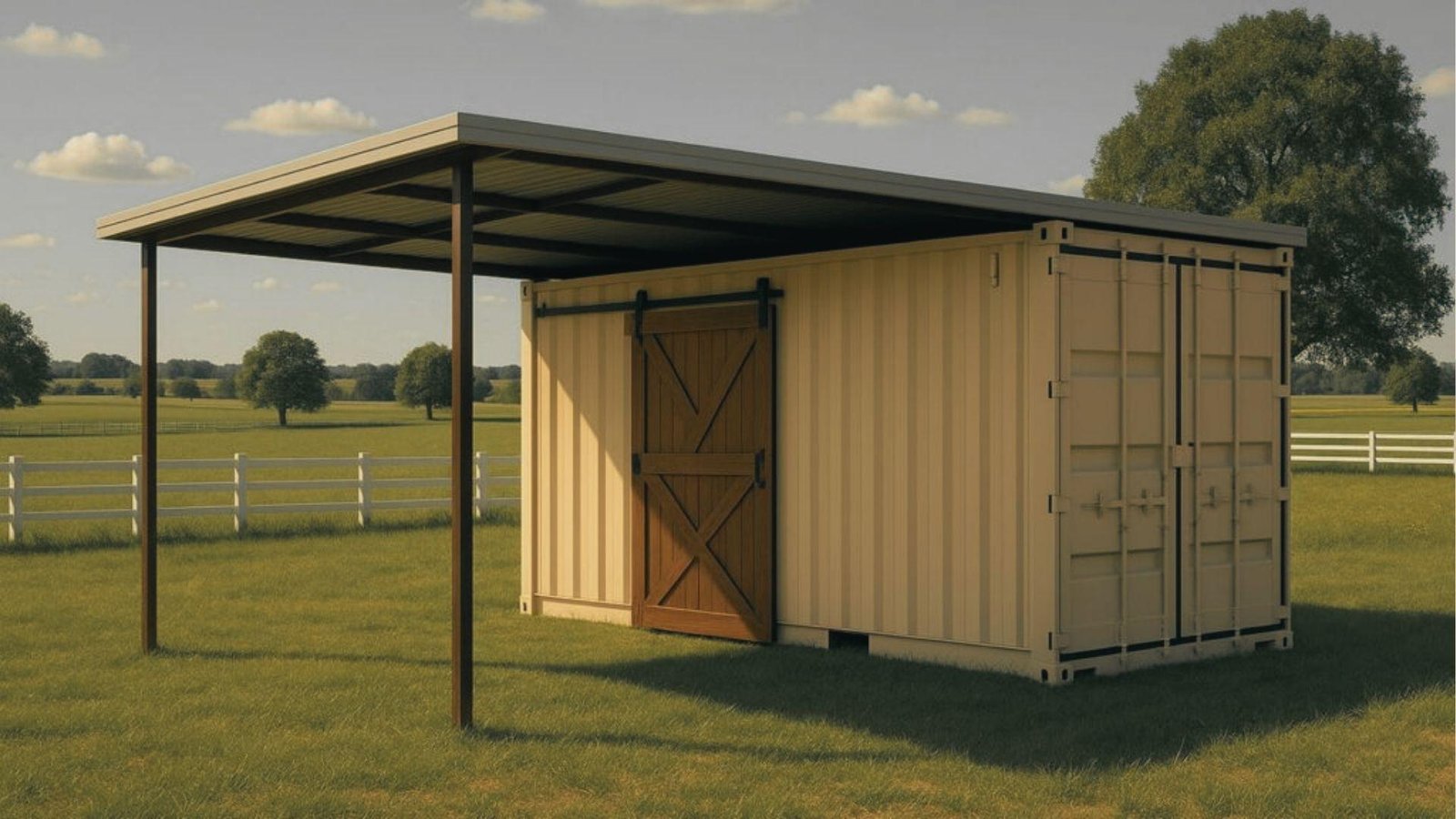 Single beige shipping container with a custom wooden barn door and a steel lean-to awning supported by posts.