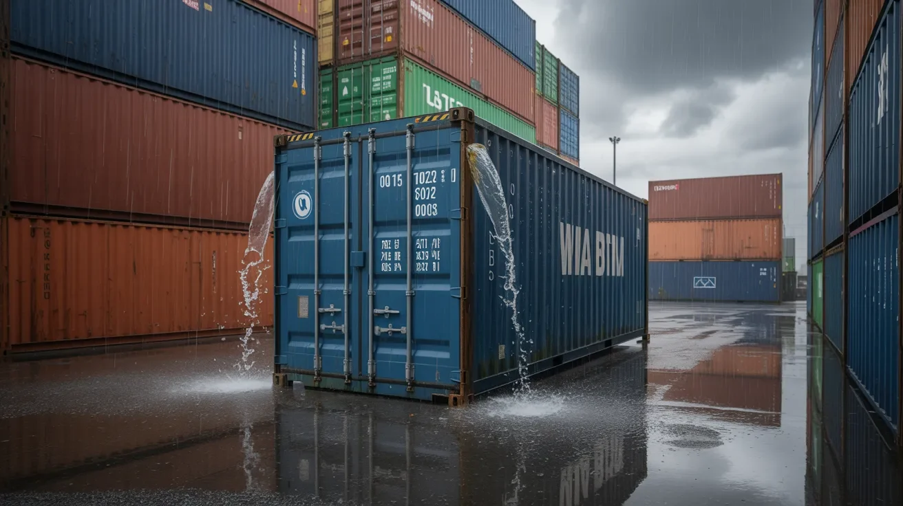 Shipping container in heavy rain showing watertight protection with subtle vulnerability at seals and joints.