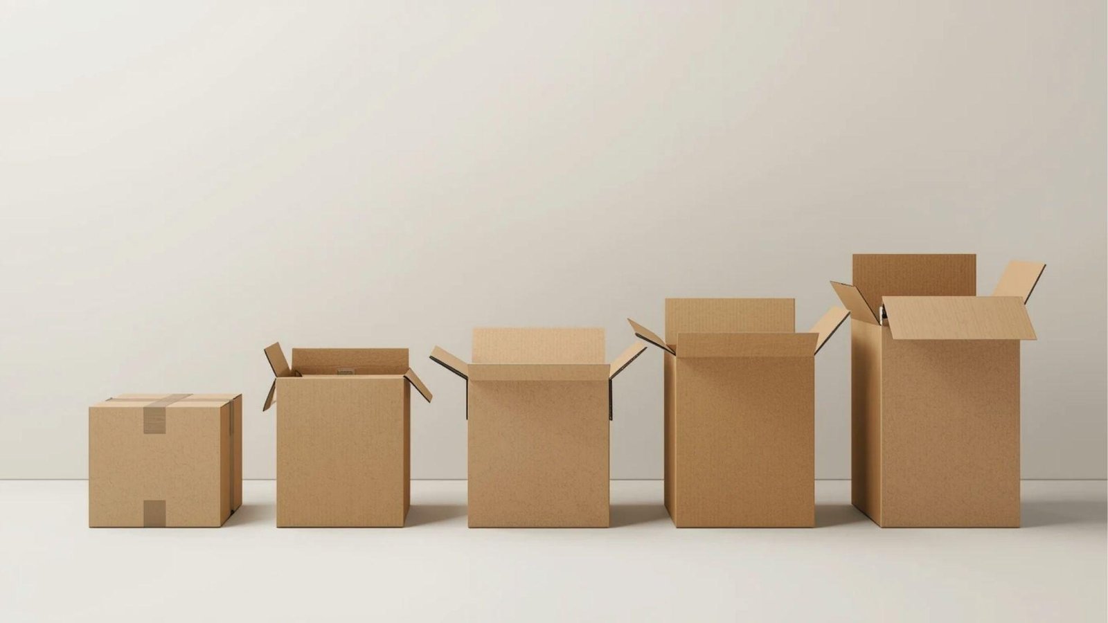 Five shipping boxes from small to extra large in a row showing standard dimensions chart range.
