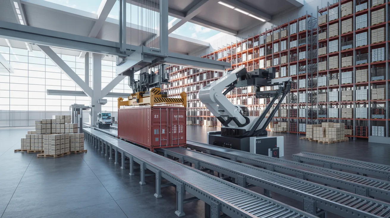 modern warehouse with automated unloading system showing conveyors and organized cargo flow improving efficiency and reducing manual labor.
