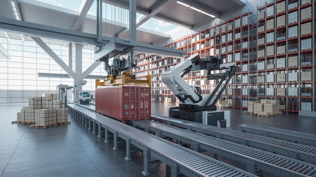 modern warehouse with automated unloading system showing conveyors and organized cargo flow improving efficiency and reducing manual labor.