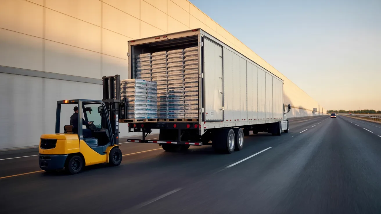 Fully loaded truck leaving warehouse directly for delivery showing efficient full truckload freight transport.