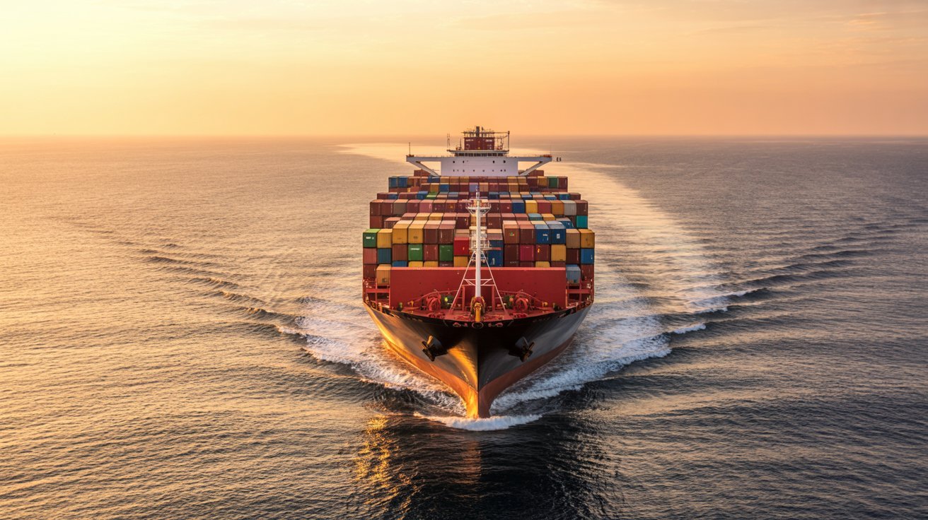 Cargo ship carrying colorful containers across ocean at sunset representing global shipping logistics costs