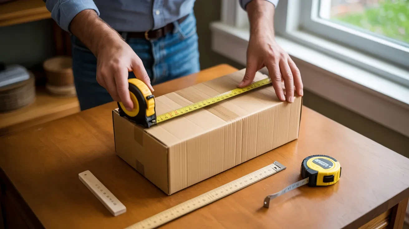 Person using flexible tape measure to measure cardboard box while ruler is shown unused.