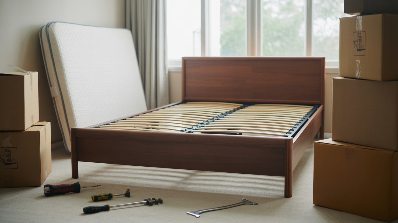 "Fully assembled bed frame surrounded by moving boxes and tools in a bedroom during moving preparation"