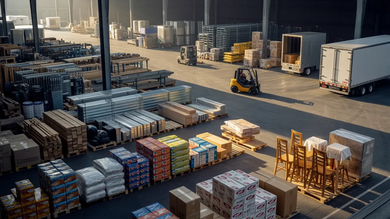 Warehouse showing different general freight types like goods, furniture, and materials with excluded specialized freight separated visually.