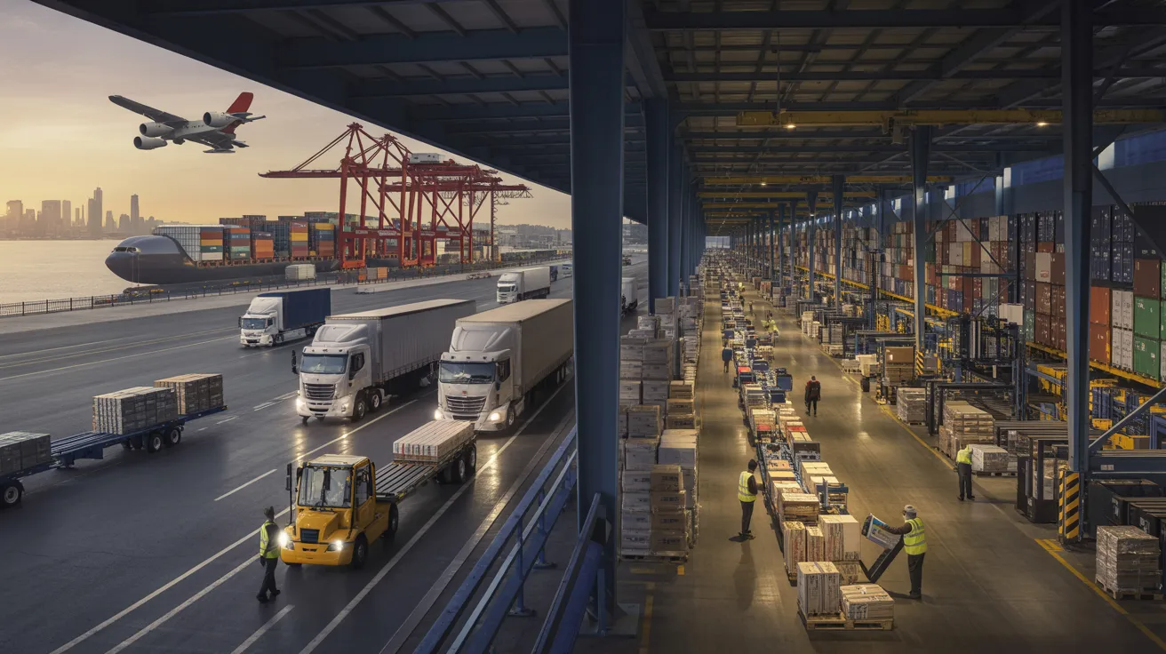 Freight handlers working across warehouse, port, and cargo systems showing complete supply chain movement from factory to delivery.