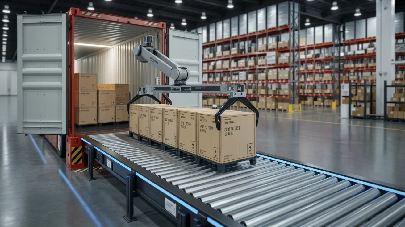 automated container unloading system using conveyor platform moving goods out quickly improving warehouse speed and operational efficiency.