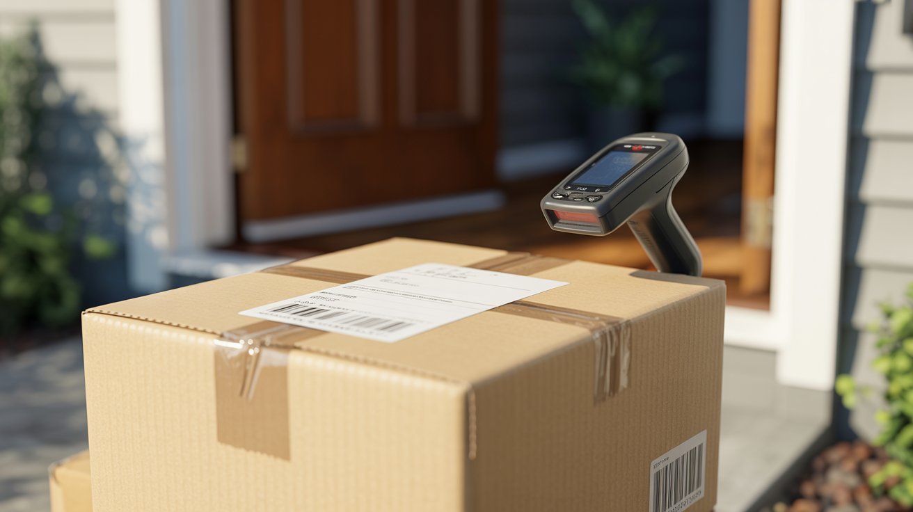 "Package on doorstep with barcode scanner representing tracking and resolving a shipment delay"