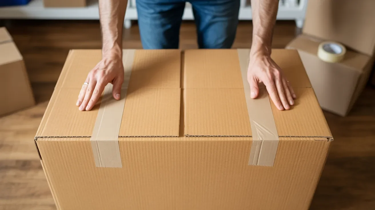 Person taping side edges of same moving box in consistent packing tutorial scene.