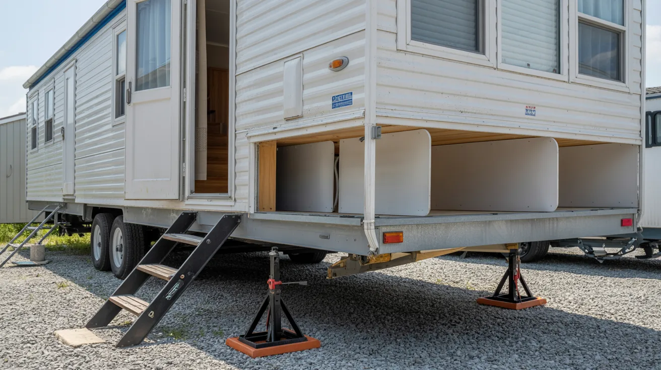 mobile home prepared for moving with removed skirting and secured structure reducing risk of damage during transport process.