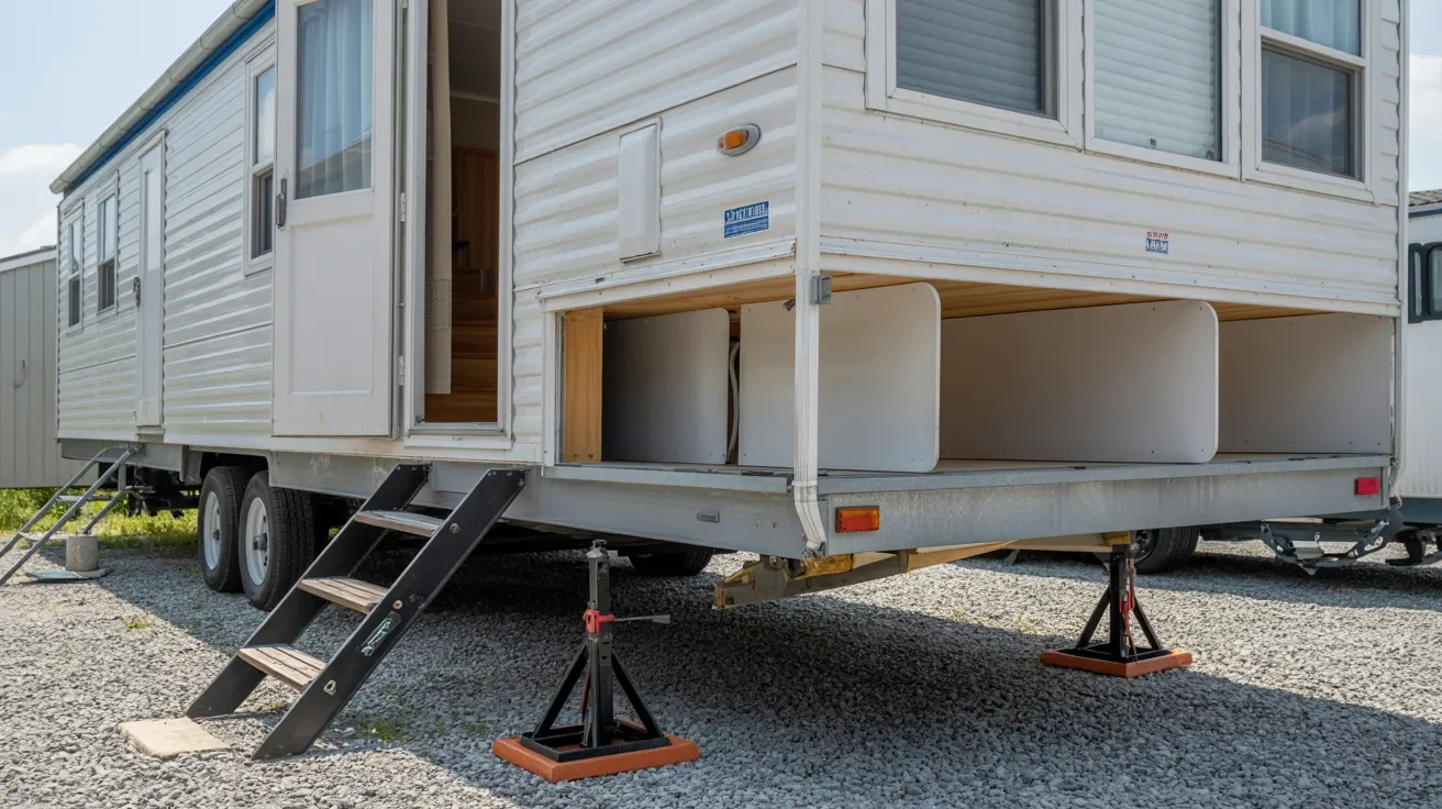 mobile home prepared for moving with removed skirting and secured structure reducing risk of damage during transport process.