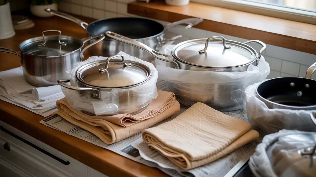 cookware wrapped carefully in paper and cloth protecting pots pans and lids during safe moving preparation process.