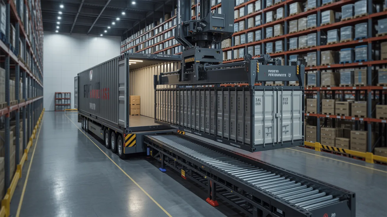 automated container unloading system with conveyors moving cargo from container showing fast and efficient warehouse operations.