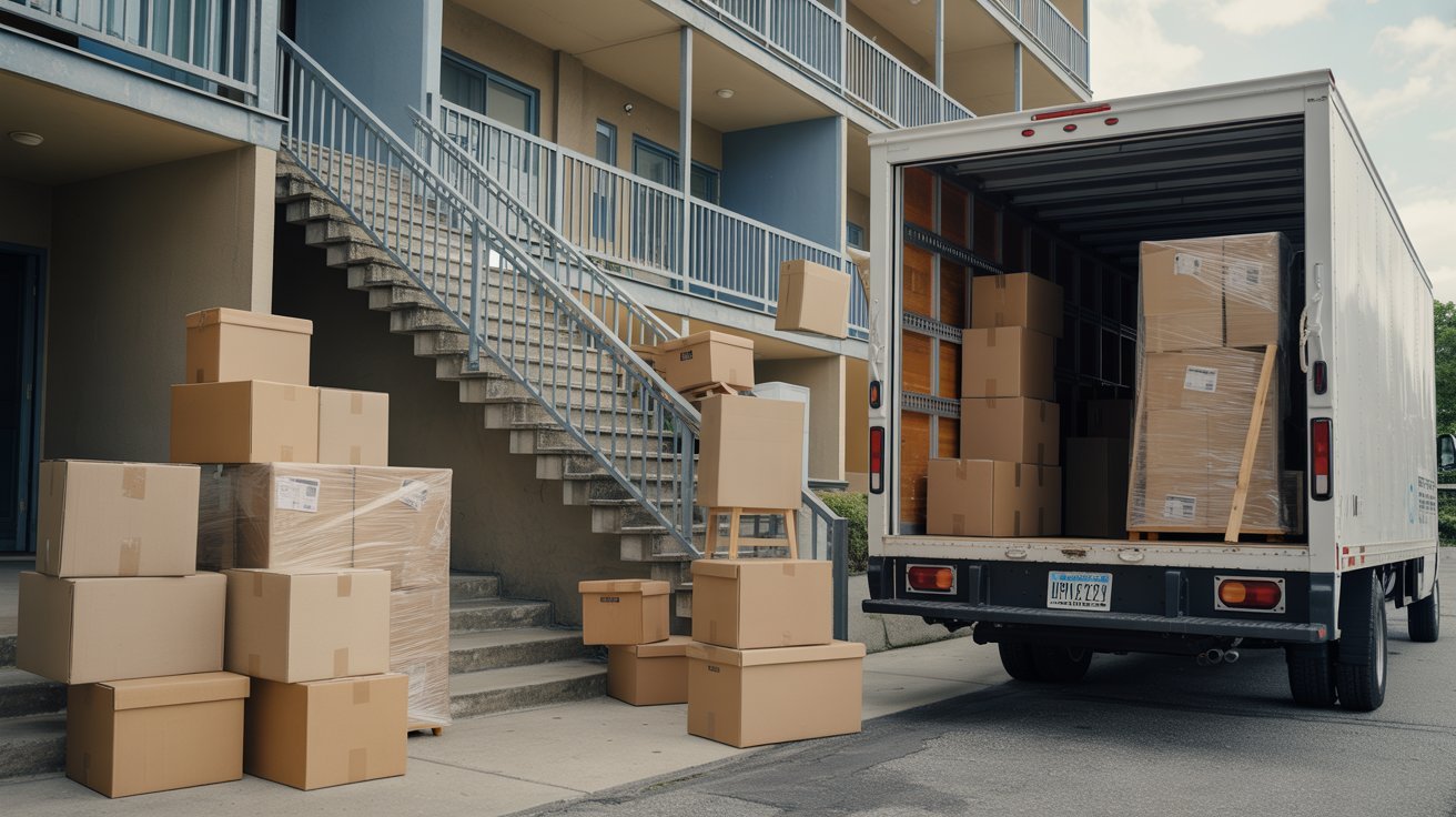 "Moving truck parked outside apartment building with exterior stairs and stacked moving boxes highlighting the challenge of stair-related moving logistics."