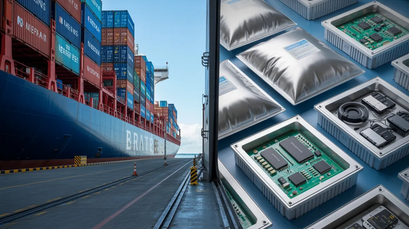 Shipping containers and electronics showing ESD meaning as shutdown safety and static protection in logistics.