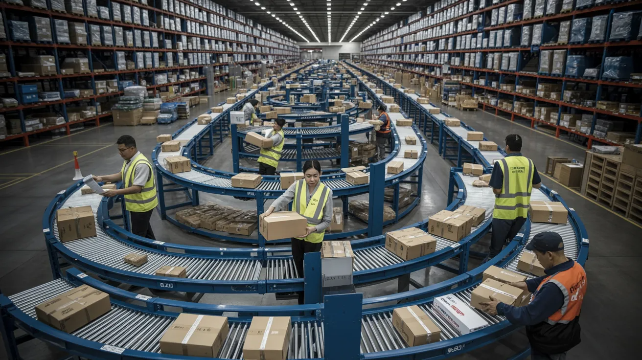 Freight handlers picking, packing, and sorting thousands of packages in a busy e-commerce fulfillment warehouse.