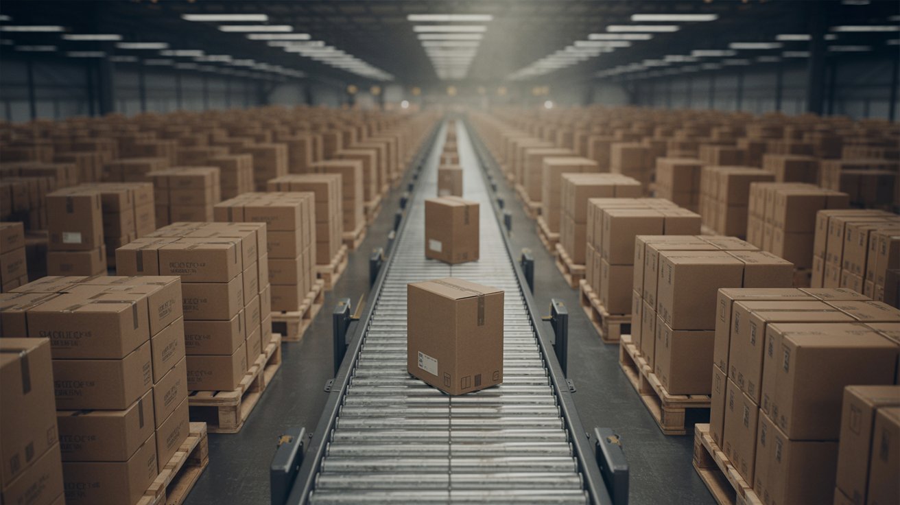 "Packages waiting in a crowded warehouse sorting center illustrating shipping delays and extended transit time"