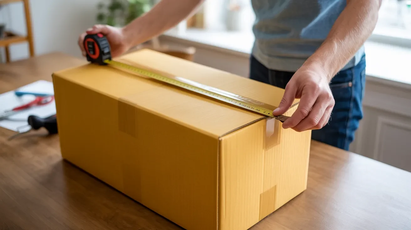 Person measuring the longest side of a cardboard box using a tape measure for shipping length.